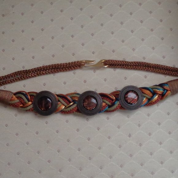 Vintage Braided Cord Belt Brown Rust Blue Sz-34 - Picture 1 of 4